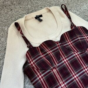 Plaid Heart Bustier Mini Dress with Long Sleeve Ribbed Knit Long Sleeve Crop Top